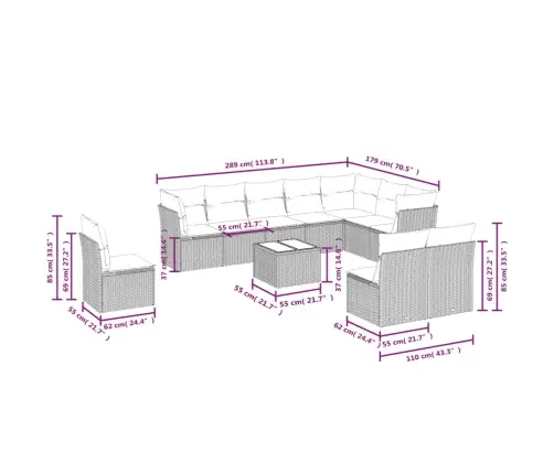 11-Daļīgs Dārza Dīvāna Komplekts, Matrači, Melna Pe Rotangpalma Vidaxl