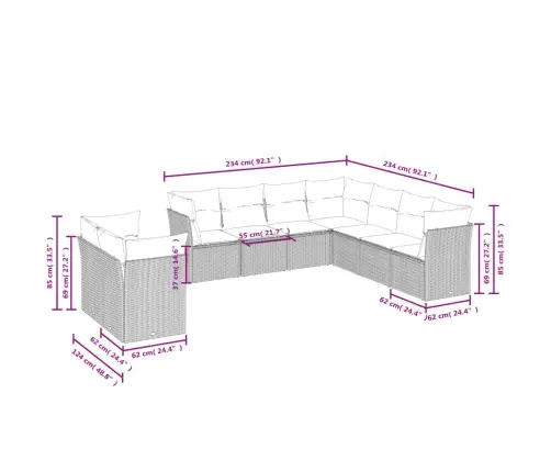 9-Daļīgs Dārza Dīvāna Komplekts,Matrači, Gaiši Pelēka Pe Pinums Vidaxl