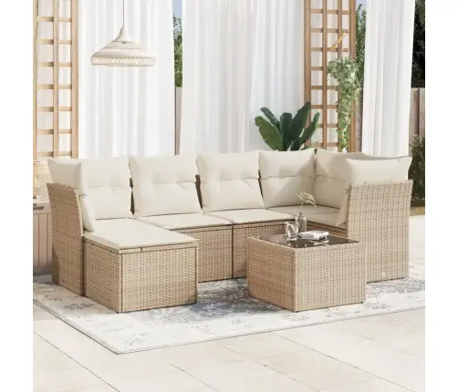 Sofos Komplektas Su Pagalvėlėmis, 7 Dalių, Smėlio, Poliratanas