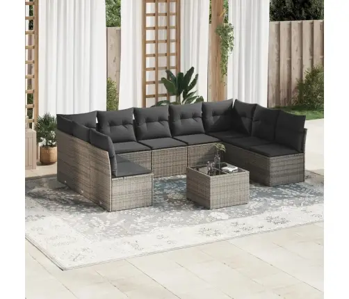 10-Daļīgs Dārza Dīvāna Komplekts Ar Matračiem, Pelēks Pe Pinums Vidaxl