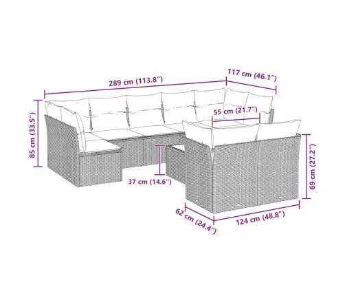 10-Daļīgs Dārza Dīvāna Komplekts Ar Matračiem, Pelēka Pe Pinums Vidaxl