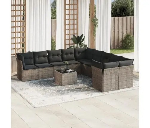 11-Daļīgs Dārza Dīvāna Komplekts Ar Matračiem, Pelēks Pe Pinums Vidaxl