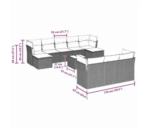11-Daļīgs Dārza Dīvāna Komplekts Ar Matračiem, Pelēka Pe Pinums Vidaxl
