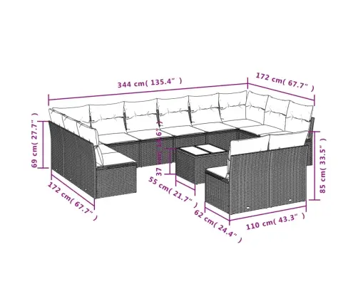 13-Daļīgs Dārza Dīvāna Komplekts Ar Matračiem, Pe Rotangpalma Vidaxl