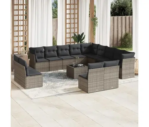 14-Daļīgs Dārza Dīvānu Komplekts, Matrači,Pelēka Pe Rotangpalma Vidaxl