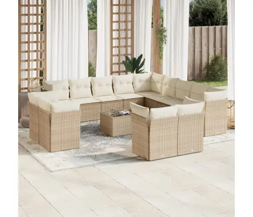 14-Daļīgs Dārza Dīvāna Komplekts, Matrači, Bēša Pe Rotangpalma Vidaxl