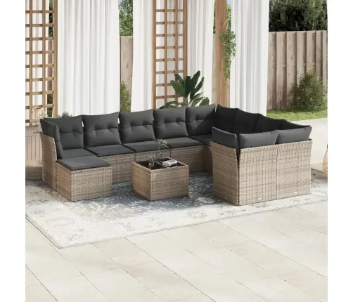 11-Daļīgs Dārza Dīvāna Komplekts Ar Matračiem, Pelēks Pe Pinums Vidaxl