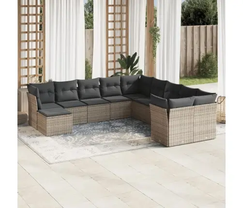 11-Daļīgs Dārza Dīvāna Komplekts Ar Matračiem, Pelēks Pe Pinums Vidaxl