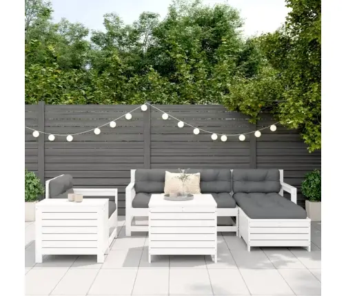 Sodo Sofos Komplektas, Baltas, 7 Dalių, Pušies Medienos Masyvas