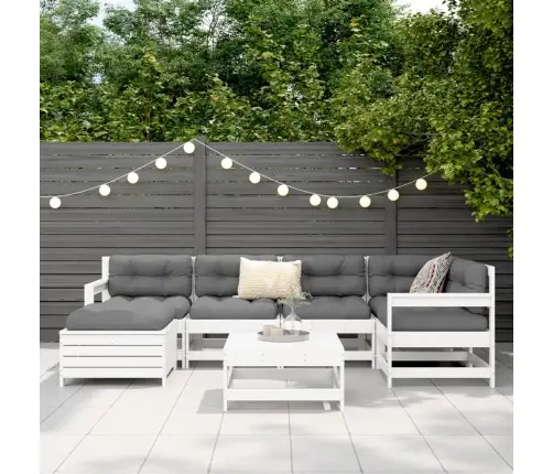 Sodo Sofos Komplektas, Baltas, 7 Dalių, Pušies Medienos Masyvas