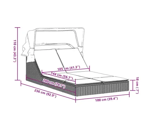 Divvietīgs Sauļošanās Krēsls Ar Jumtiņu, Melna Pe Rotangpalma Vidaxl