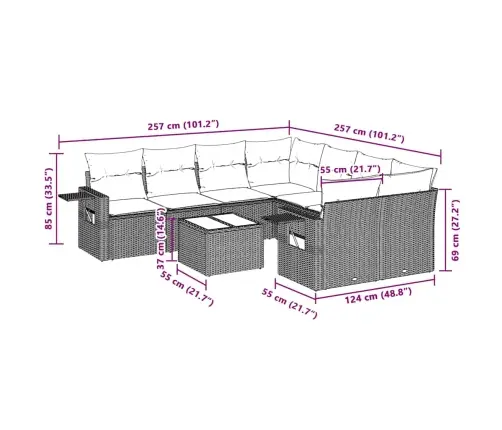 9-Daļīgs Dārza Dīvāna Komplekts,Matrači, Gaiši Pelēka Pe Pinums Vidaxl