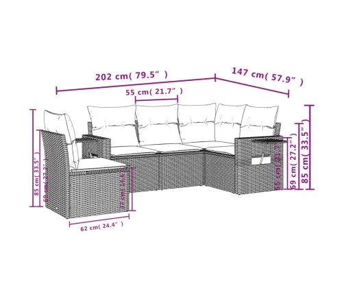 5-Osaline Aiamööblikomplekt Istmepatjadega, Polürotang, Hall