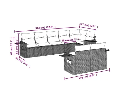 8-Osaline Aiadiivani Komplekt Patjadega, Hall, Polürotang