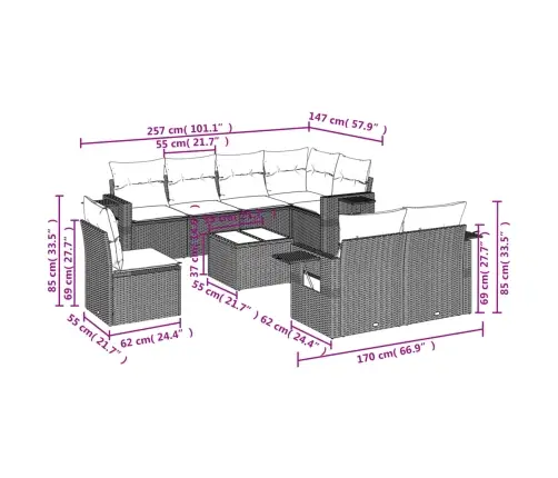 9-Daļīgs Dārza Dīvāna Komplekts Ar Matračiem, Pelēks Pe Pinums Vidaxl