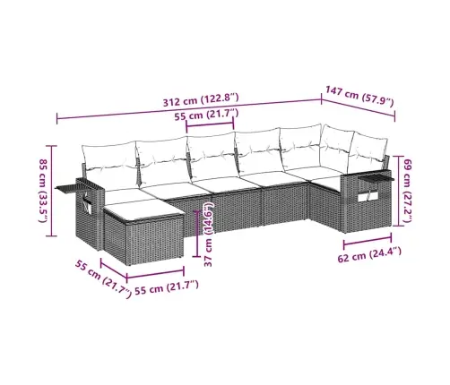 7-Osaline Aiamööblikomplekt Patjadega, Pruun, Polürotang
