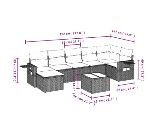 8-Daļīgs Dārza Dīvāna Komplekts, Matrači, Bēša Pe Rotangpalma Vidaxl