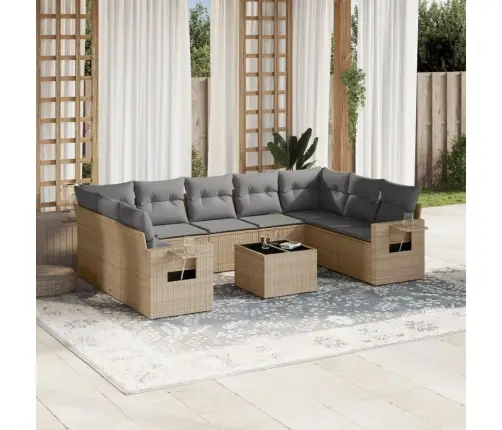 10-Daļīgs Dārza Dīvāna Komplekts, Matrači, Bēša Pe Rotangpalma Vidaxl