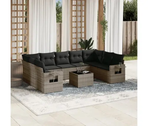 10-Daļīgs Dārza Dīvāna Komplekts Ar Matračiem, Pelēks Pe Pinums Vidaxl