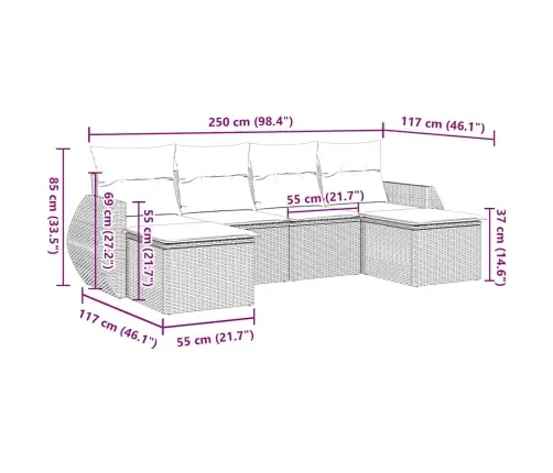 6-Osaline Aiamööblikomplekt Patjadega, Helehall, Polürotang