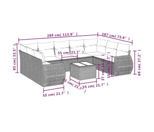 10-Daļīgs Dārza Dīvāna Komplekts Ar Matračiem, Pelēks Pe Pinums Vidaxl