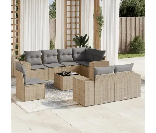 9-Daļīgs Dārza Dīvānu Komplekts, Matrači, Bēša Pe Rotangpalma Vidaxl