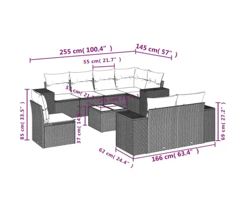9-Daļīgs Dārza Dīvāna Komplekts Ar Matračiem, Pelēks Pe Pinums Vidaxl