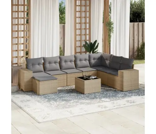 9-Daļīgs Dārza Dīvānu Komplekts, Matrači, Bēša Pe Rotangpalma Vidaxl