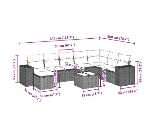 9-Daļīgs Dārza Dīvāna Komplekts,Matrači, Gaiši Pelēka Pe Pinums Vidaxl