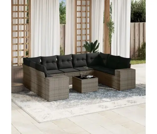 10-Daļīgs Dārza Dīvāna Komplekts Ar Matračiem, Pelēks Pe Pinums Vidaxl