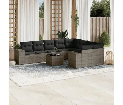 10-Daļīgs Dārza Dīvāna Komplekts Ar Matračiem, Pelēks Pe Pinums Vidaxl