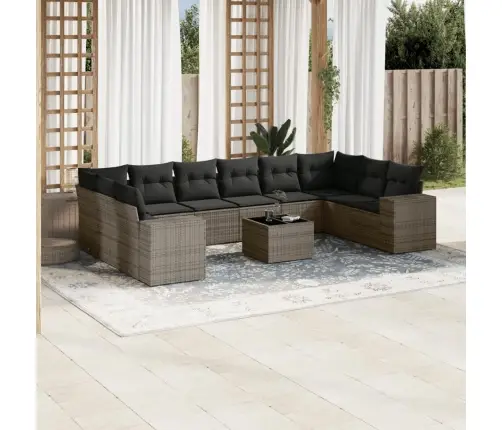 11-Daļīgs Dārza Dīvāna Komplekts Ar Matračiem, Pelēks Pe Pinums Vidaxl