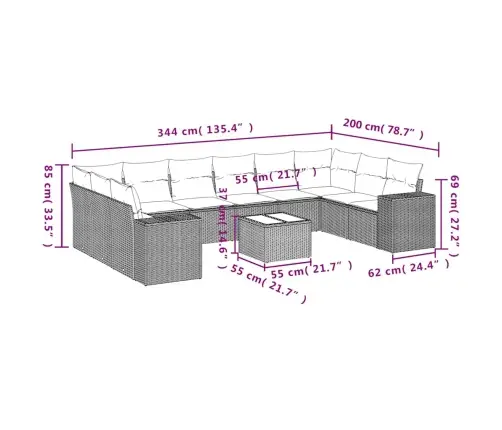 11-Daļīgs Dārza Dīvāna Komplekts Ar Matračiem, Pelēka Pe Pinums Vidaxl