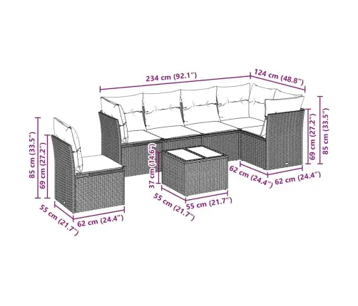 7-Osaline Aiamööblikomplekt Patjadega, Helehall, Polürotang
