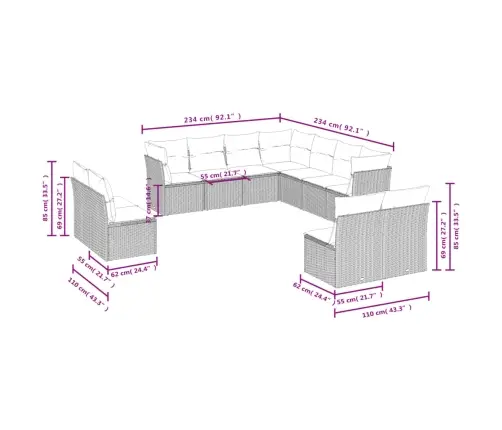 11-Daļīgs Dārza Dīvāna Komplekts Ar Matračiem, Pelēks Pe Pinums Vidaxl