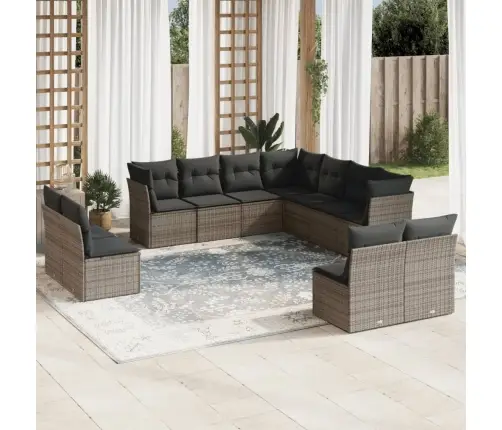 11-Daļīgs Dārza Dīvāna Komplekts Ar Matračiem, Pelēks Pe Pinums Vidaxl