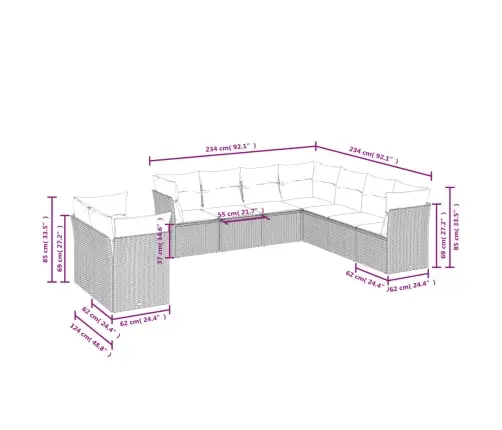 9-Daļīgs Dārza Dīvānu Komplekts, Matrači, Bēša Pe Rotangpalma Vidaxl