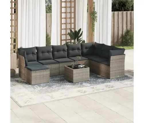 9-Daļīgs Dārza Dīvāna Komplekts Ar Matračiem, Pelēks Pe Pinums Vidaxl