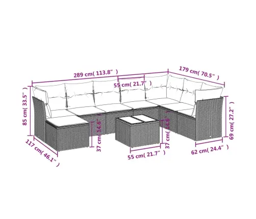 9-Daļīgs Dārza Dīvāna Komplekts,Matrači, Gaiši Pelēka Pe Pinums Vidaxl