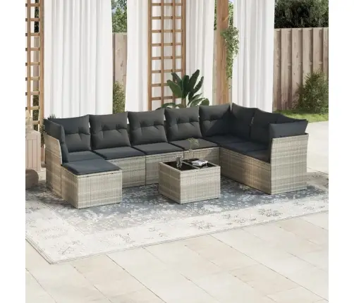 9-Daļīgs Dārza Dīvāna Komplekts,Matrači, Gaiši Pelēka Pe Pinums Vidaxl