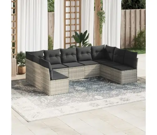 9-Daļīgs Dārza Dīvāna Komplekts,Matrači, Gaiši Pelēka Pe Pinums Vidaxl