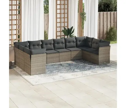 10-Daļīgs Dārza Dīvāna Komplekts Ar Matračiem, Pelēks Pe Pinums Vidaxl