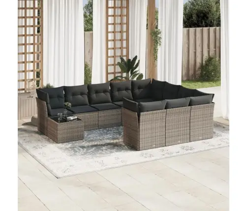 11-Daļīgs Dārza Dīvāna Komplekts Ar Matračiem, Pelēks Pe Pinums Vidaxl