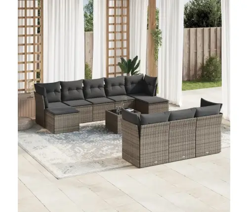 11-Daļīgs Dārza Dīvāna Komplekts Ar Matračiem, Pelēks Pe Pinums Vidaxl