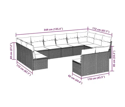 12-Daļīgs Dārza Dīvāna Komplekts Ar Matračiem, Pelēka Pe Pinums Vidaxl