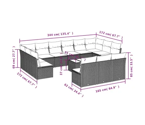 14-Daļīgs Dārza Dīvānu Komplekts, Matrači,Pelēka Pe Rotangpalma Vidaxl