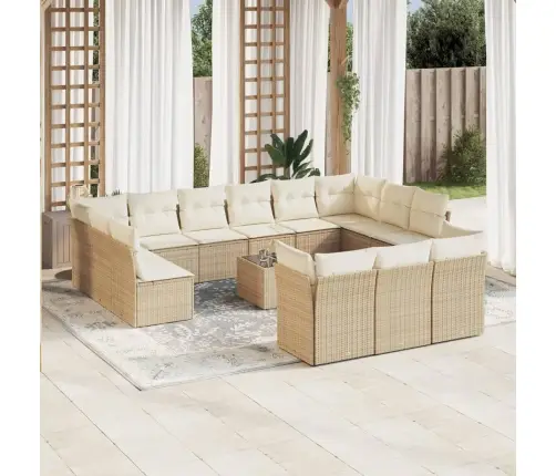 14-Daļīgs Dārza Dīvāna Komplekts, Matrači, Bēša Pe Rotangpalma Vidaxl