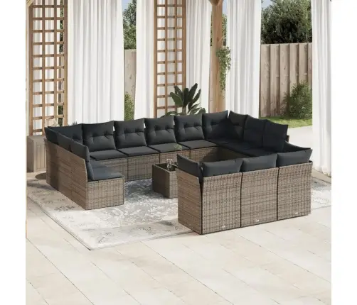 14-Daļīgs Dārza Dīvānu Komplekts, Matrači,Pelēka Pe Rotangpalma Vidaxl