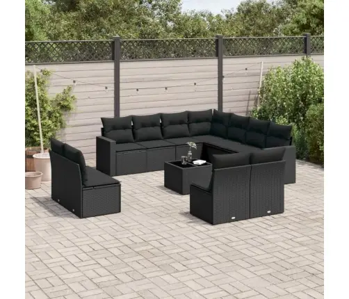 Sofos Komplektas Su Pagalvėlėmis, 12 Dalių, Juodas, Poliratanas