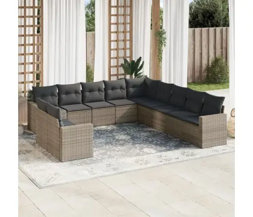 11-Daļīgs Dārza Dīvāna Komplekts Ar Matračiem, Pelēks Pe Pinums Vidaxl